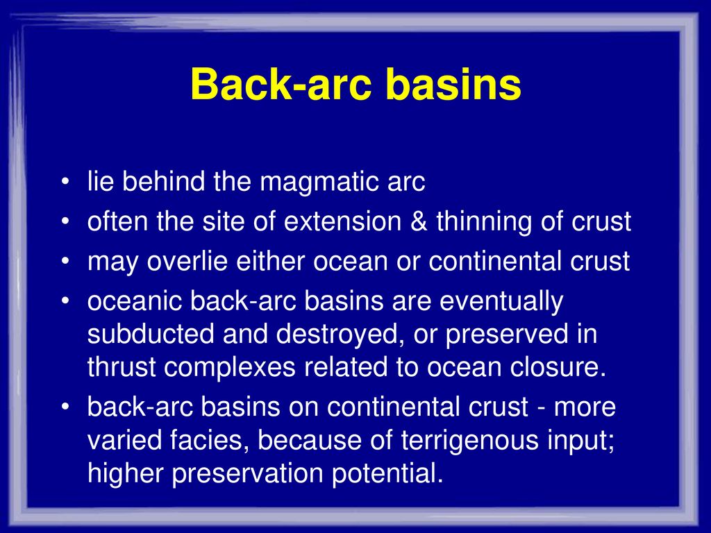 Back-arc basins lie behind the magmatic arc