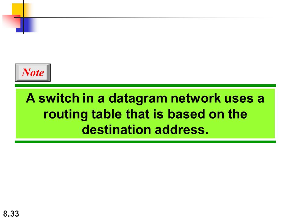 Note A switch in a datagram network uses a routing table that is based on the destination address.