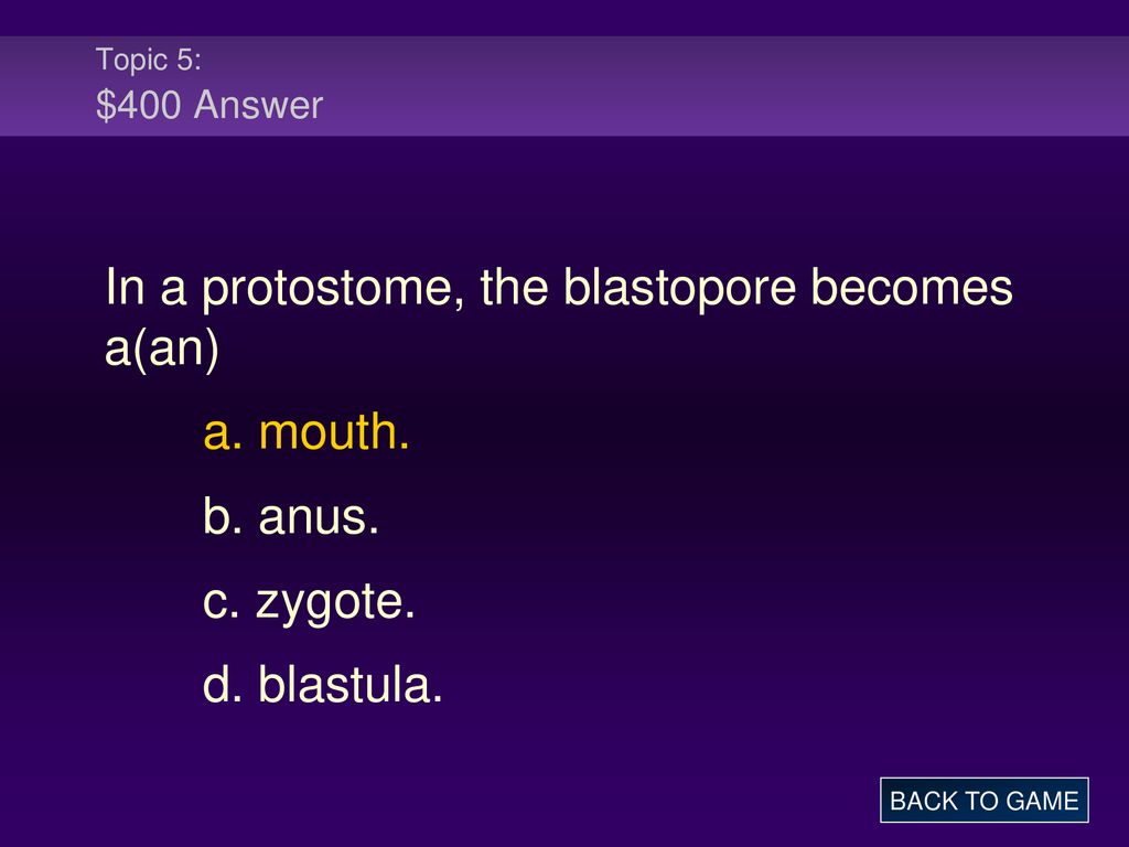 In a protostome, the blastopore becomes a(an) a. mouth. b. anus.