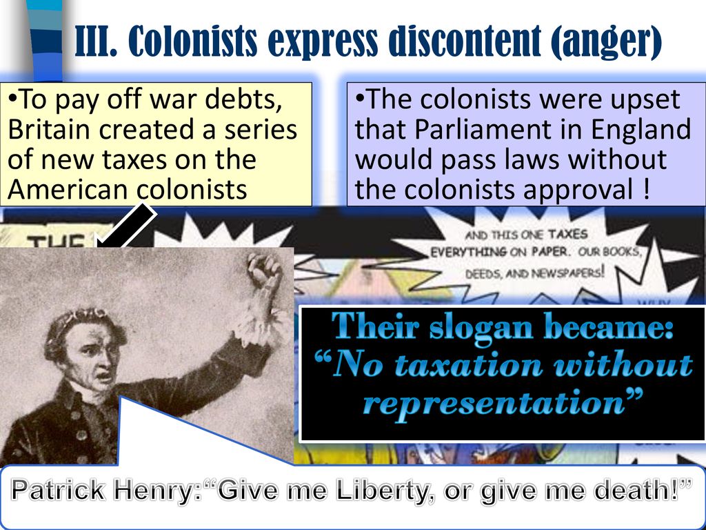 III. Colonists express discontent (anger)