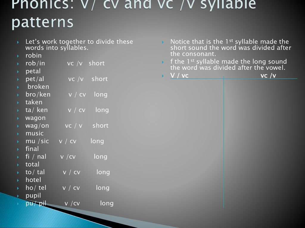 Syllable Patterns V/cv Vc/v