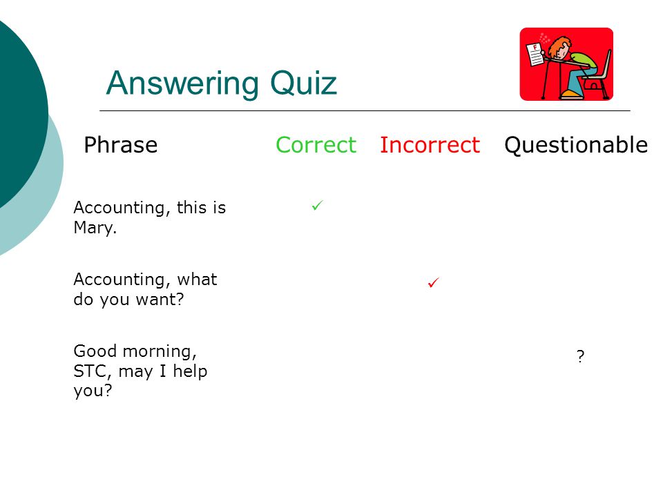 Answering Quiz Phrase Correct Incorrect Questionable