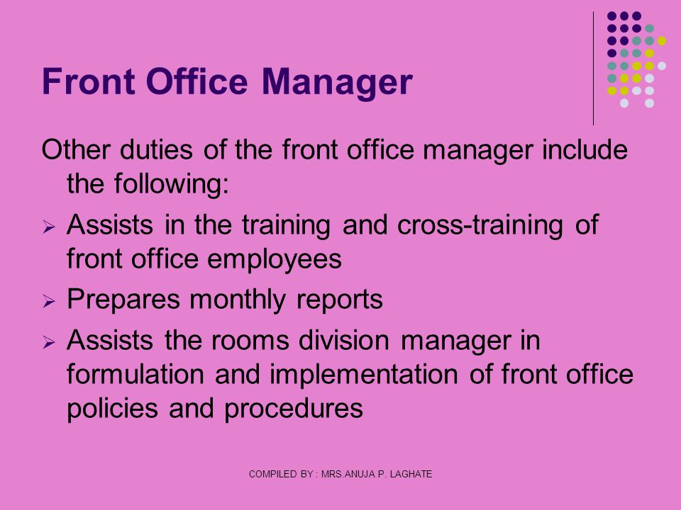 Front Office Operations Organization And The Front Office