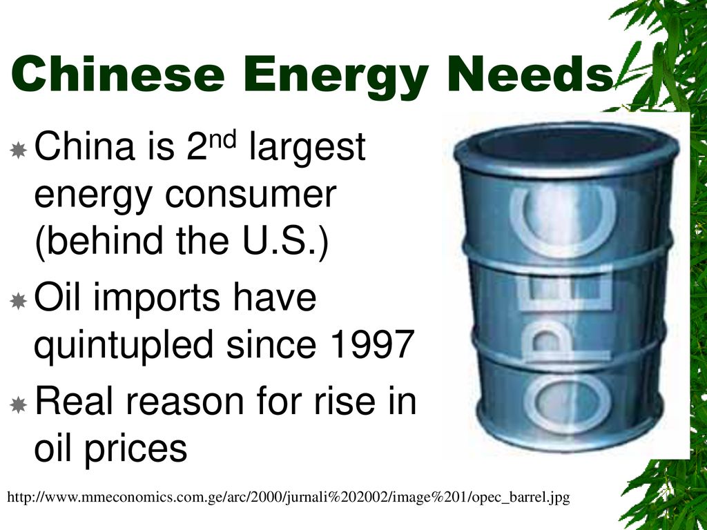 Chinese Energy Needs China is 2nd largest energy consumer (behind the U.S.) Oil imports have quintupled since