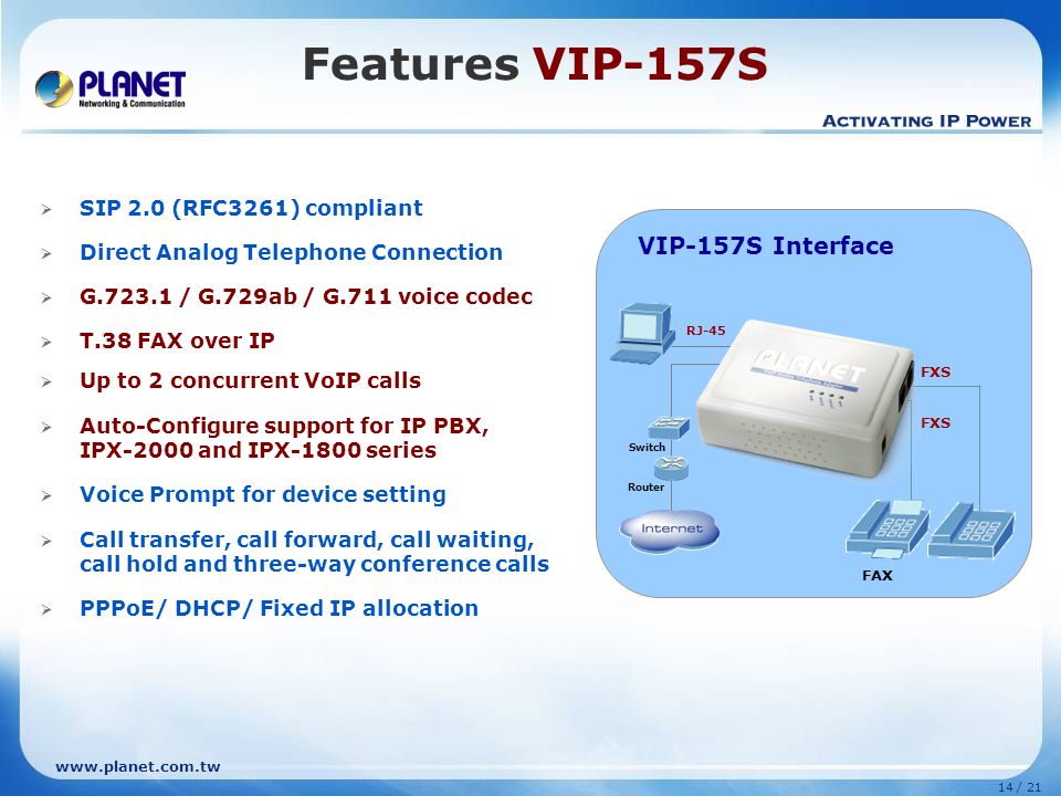Features VIP-157S VIP-157S Interface VIP-157S (2 FXS)