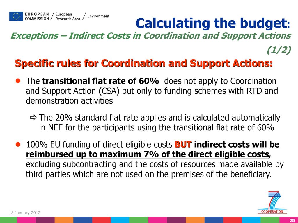 Calculating the budget: Exceptions – Indirect Costs in Coordination and Support Actions (1/2)