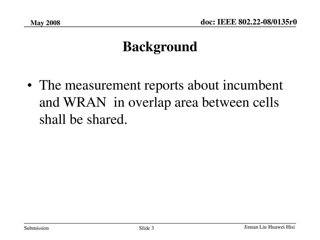 Background The measurement reports about incumbent and WRAN in overlap area between cells shall be shared.