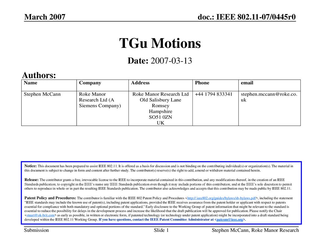 TGu Motions Date: Authors: March 2007 March 2007