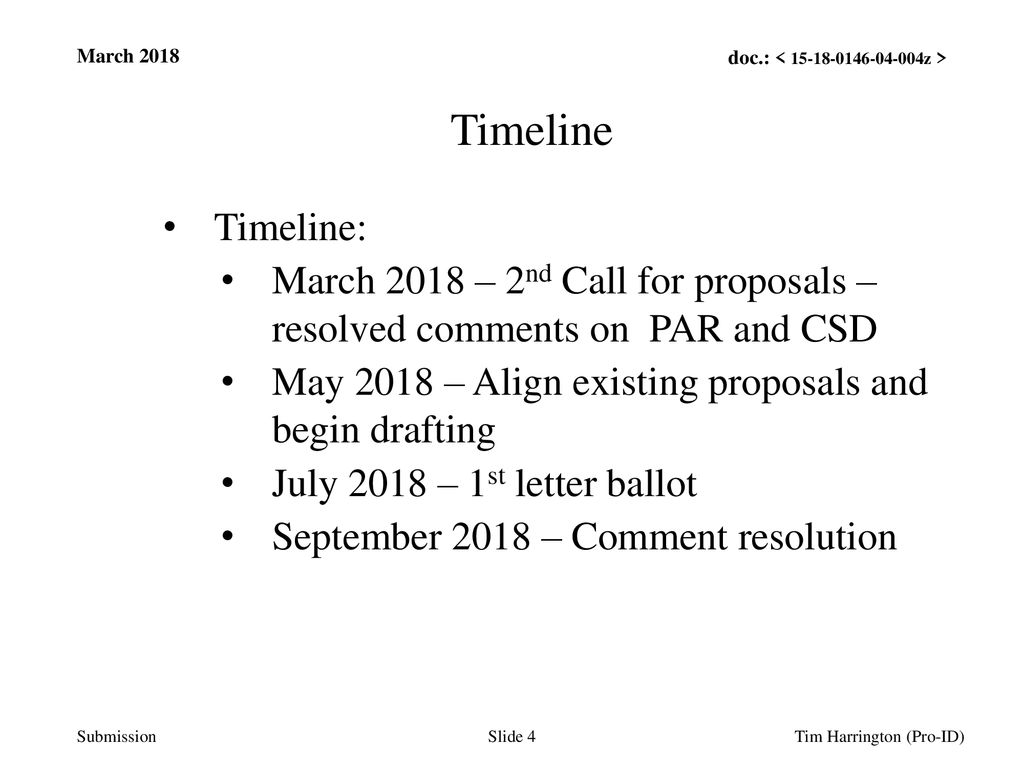 Jul 12, /12/10. March Timeline. Timeline: March 2018 – 2nd Call for proposals – resolved comments on PAR and CSD.