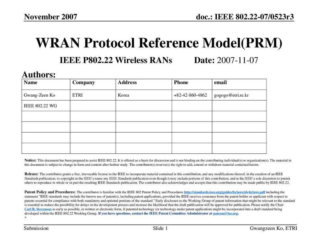 WRAN Protocol Reference Model(PRM)
