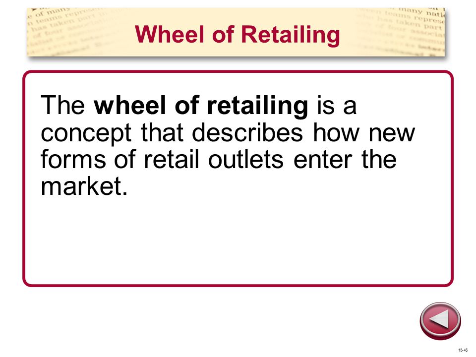 Wheel of Retailing The wheel of retailing is a concept that describes how new forms of retail outlets enter the market.