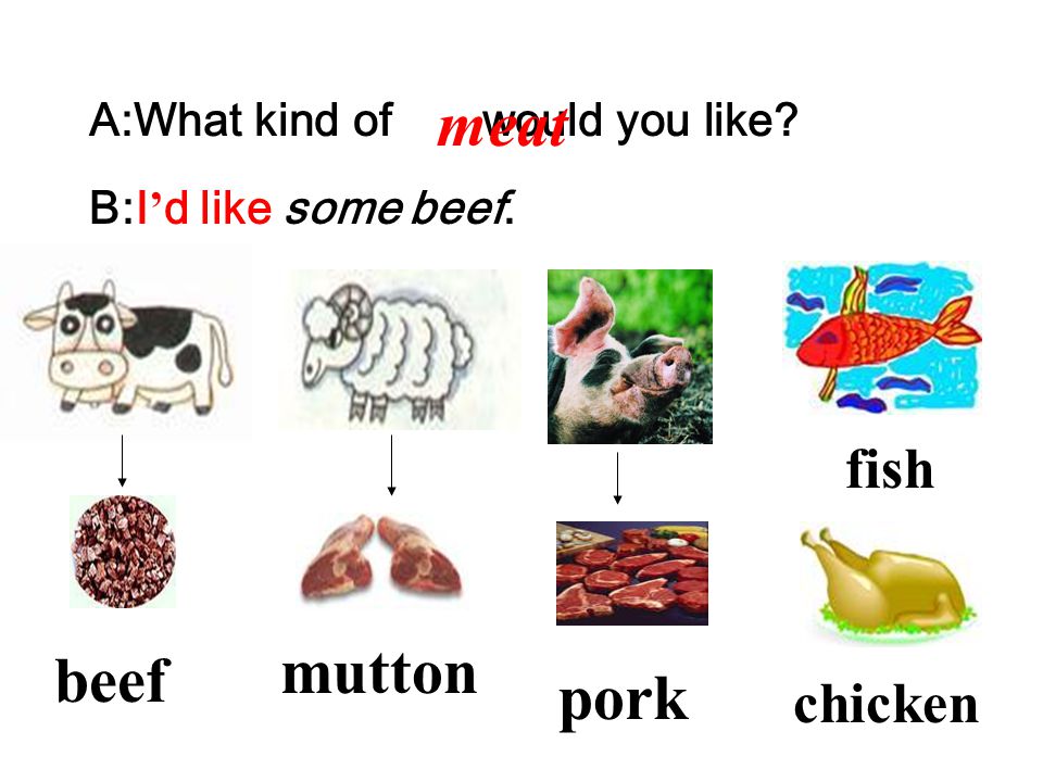 meat mutton beef pork fish chicken A:What kind of would you like