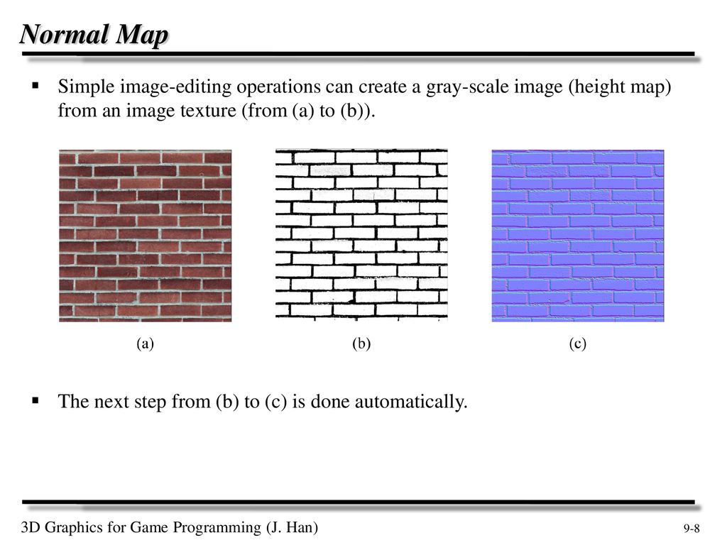Normal Map Simple image-editing operations can create a gray-scale image (height map) from an image texture (from (a) to (b)).