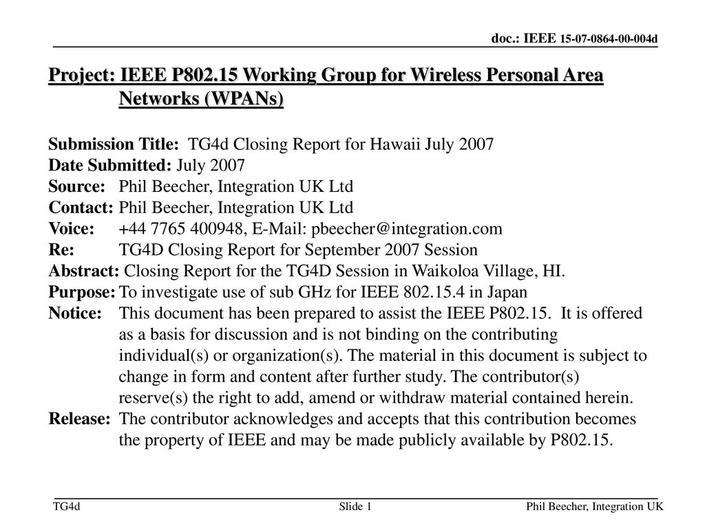November 18 Project: IEEE P Working Group for Wireless Personal Area Networks (WPANs)