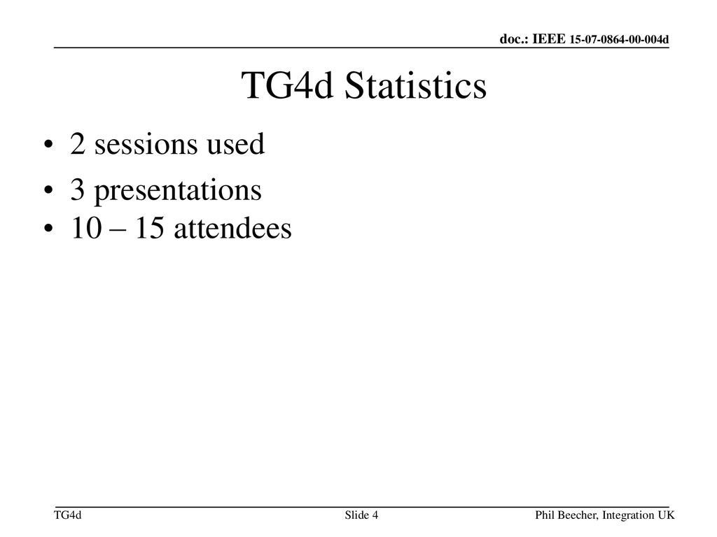 TG4d Statistics 2 sessions used 3 presentations 10 – 15 attendees