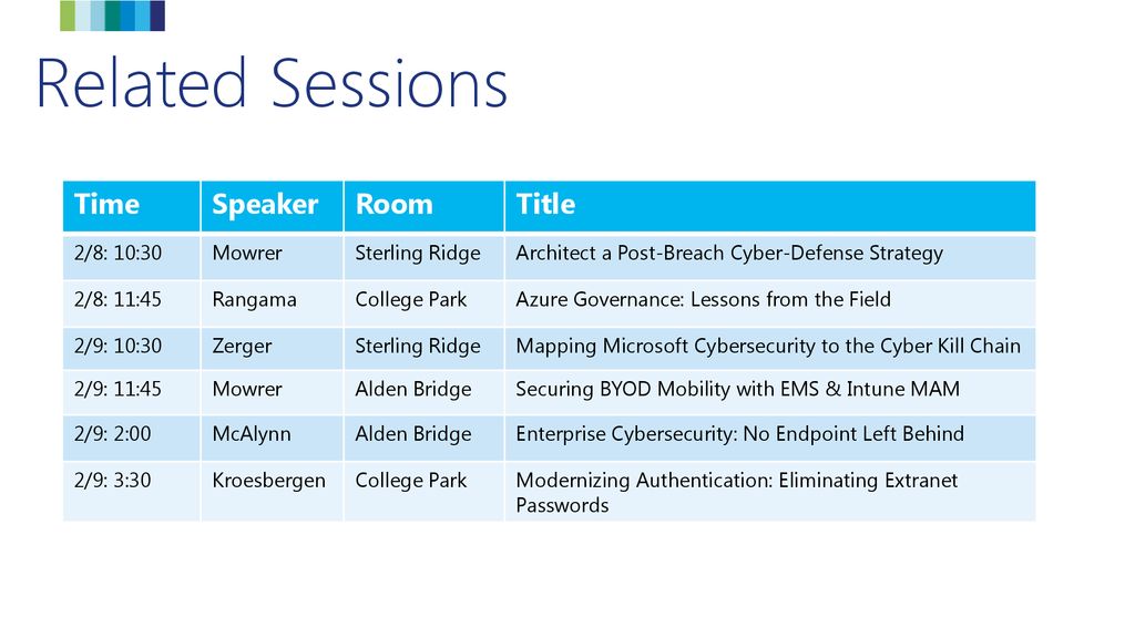 Related Sessions Time Speaker Room Title 2/8: 10:30 Mowrer