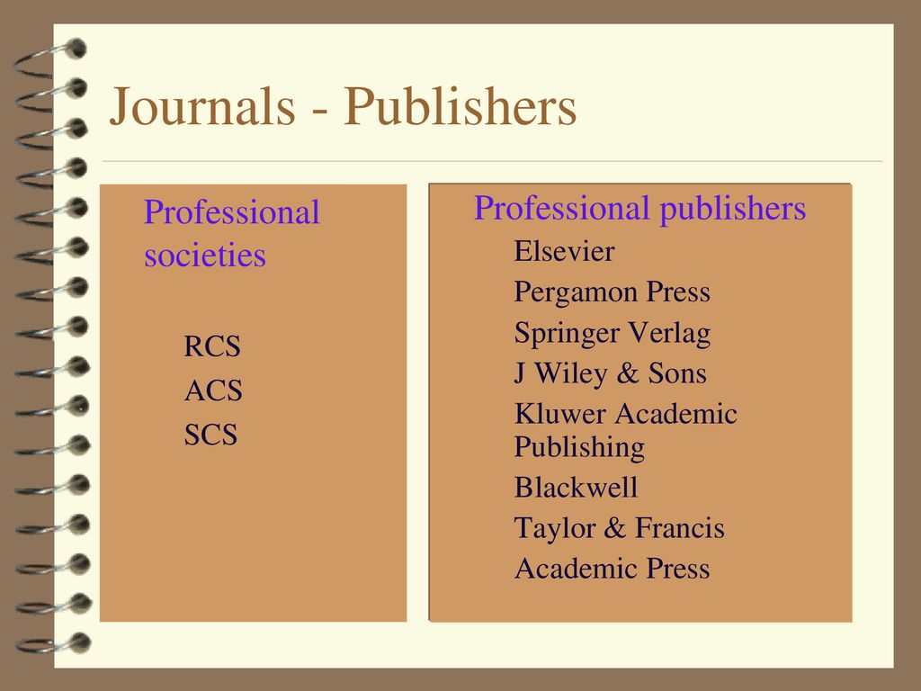 Journals - Publishers Professional societies Professional publishers