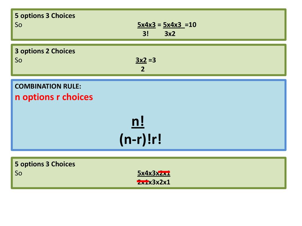 (n-r)!r! n options r choices 5 options 3 Choices So 5x4x3 = 5x4x3 =10