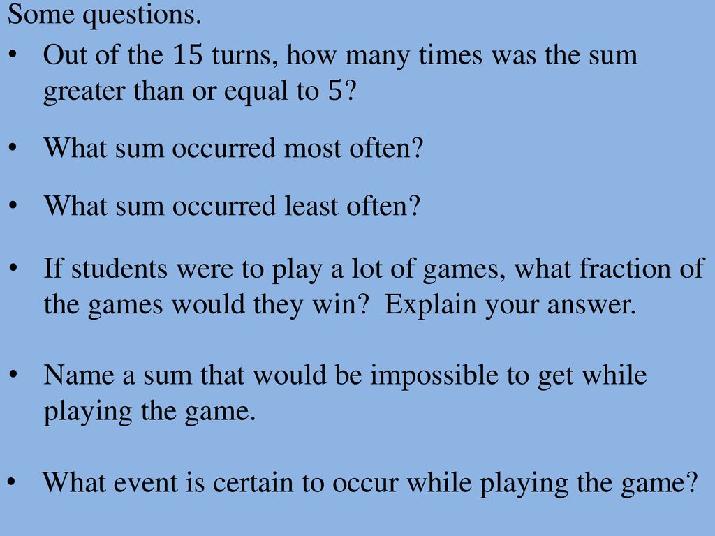 Some questions. Out of the 15 turns, how many times was the sum greater than or equal to 5 What sum occurred most often