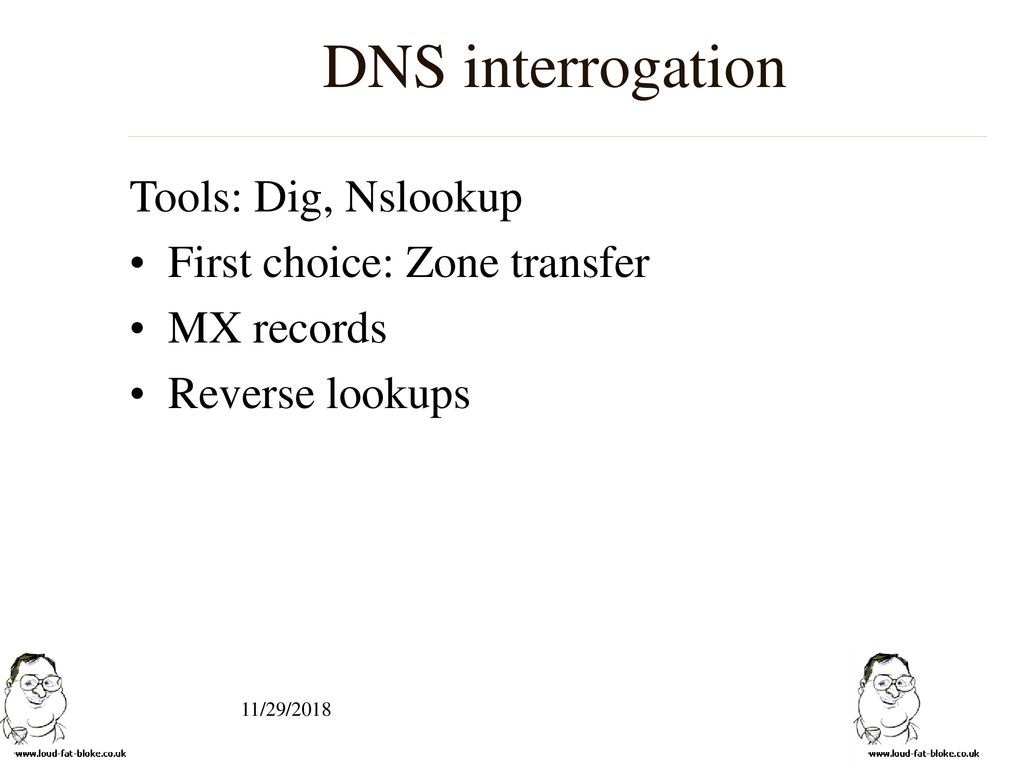 DNS interrogation Tools: Dig, Nslookup First choice: Zone transfer