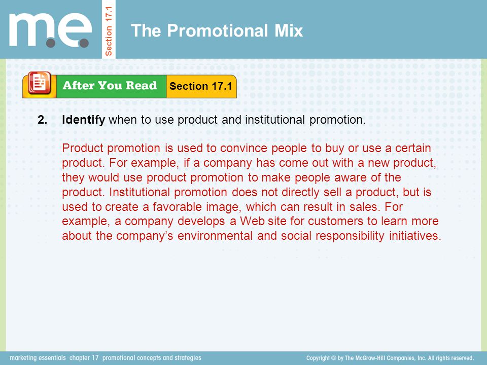 The Promotional Mix Section Section Identify when to use product and institutional promotion.