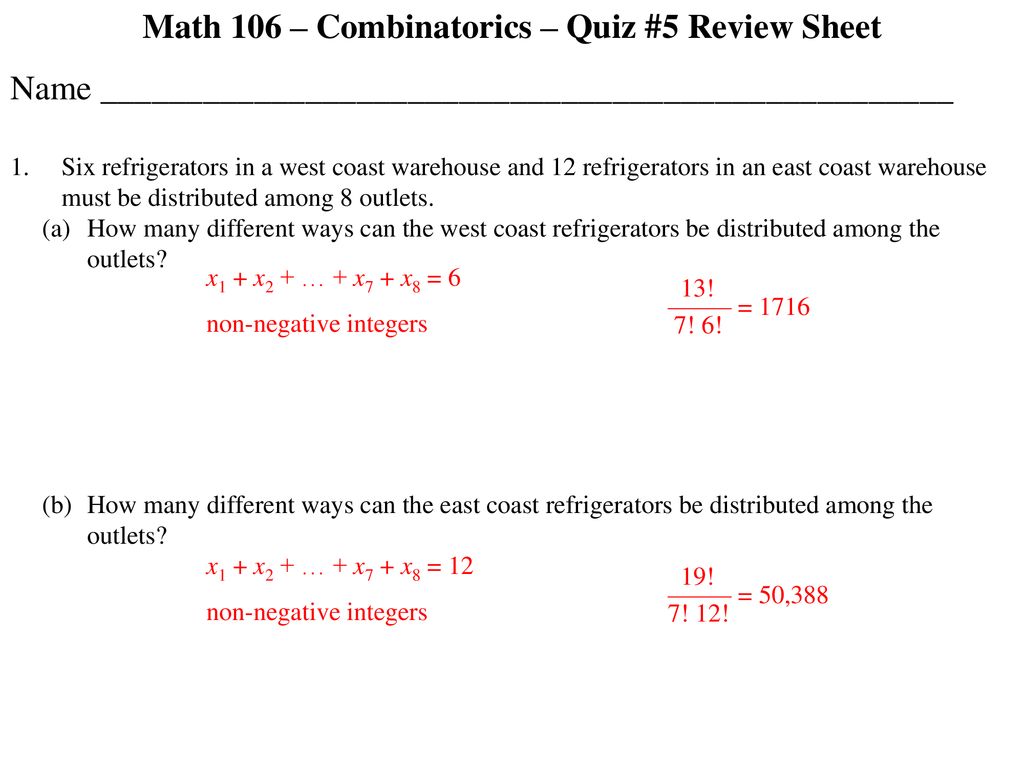 Math 106 – Combinatorics – Quiz #5 Review Sheet