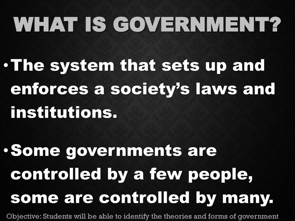 What is Government The system that sets up and enforces a society’s laws and institutions.