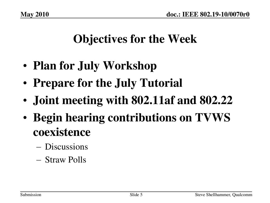 Objectives for the Week