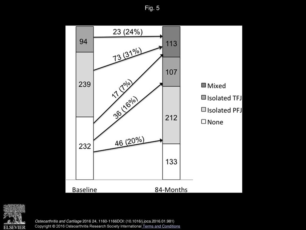 Fig. 5 Changes in any cartilage damage in the patellofemoral and TFJs over 84 months (n = 420 knees).