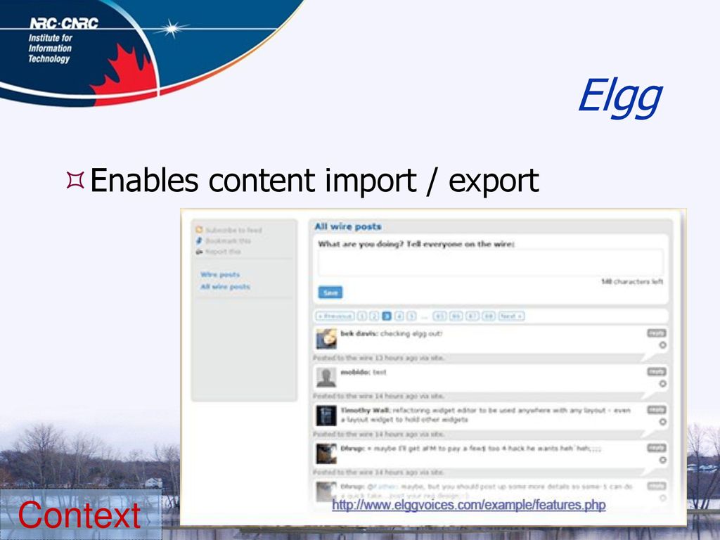 Elgg Context Enables content import / export