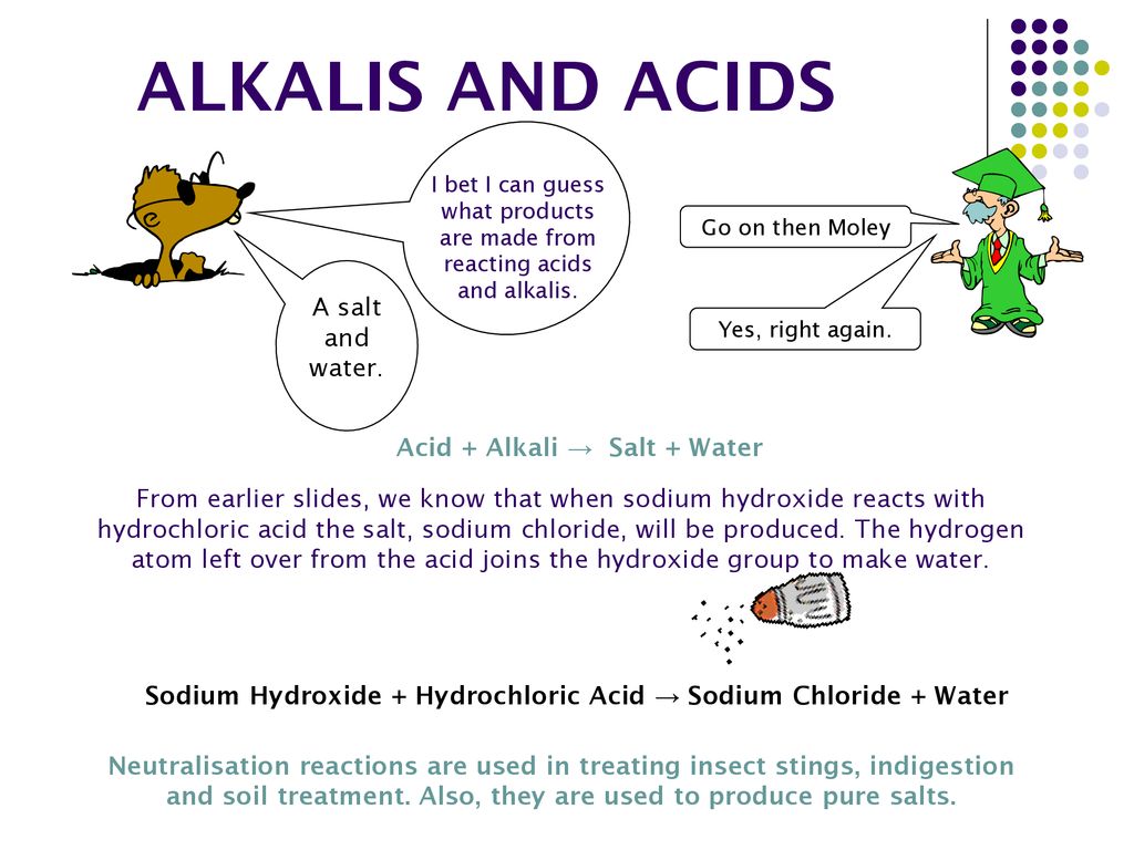 ALKALIS AND ACIDS A salt and water. Acid + Alkali → Salt + Water