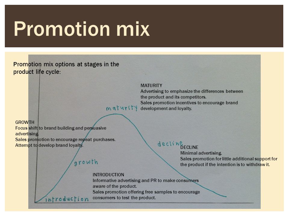 Promotion mix Promotion mix options at stages in the product life cycle: MATURITY.
