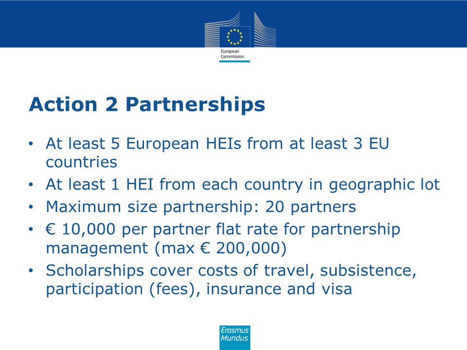 Action 2 Partnerships At least 5 European HEIs from at least 3 EU countries. At least 1 HEI from each country in geographic lot.