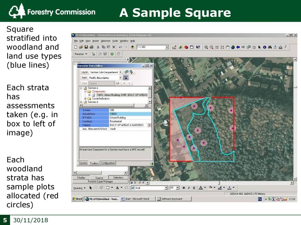A Sample Square Square stratified into woodland and land use types (blue lines) Each strata has assessments taken (e.g. in box to left of image)