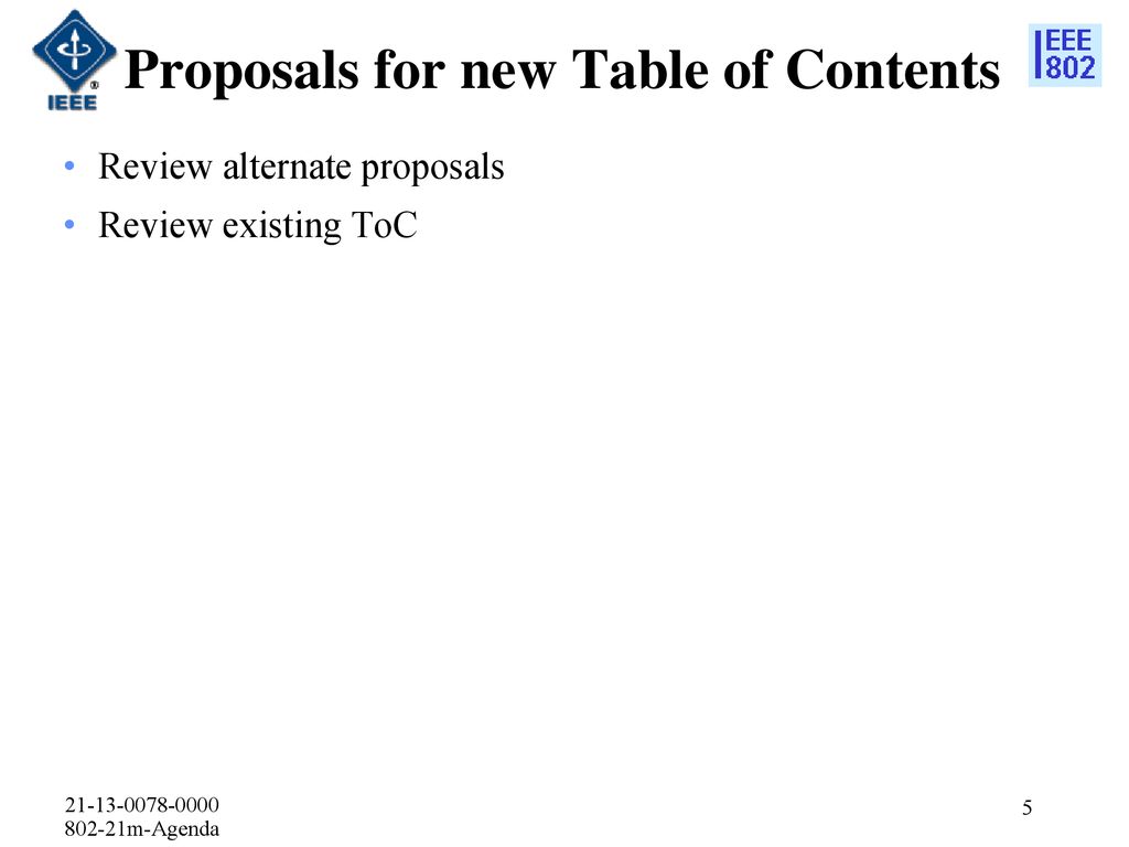 Proposals for new Table of Contents