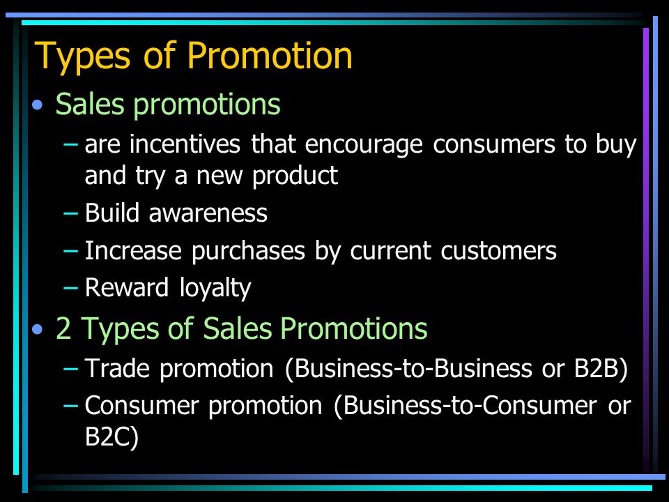 Types of Promotion Sales promotions 2 Types of Sales Promotions
