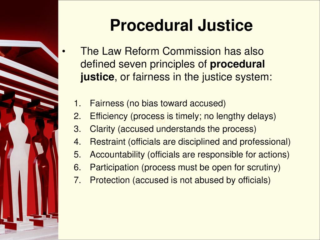 Procedural Justice The Law Reform Commission has also defined seven principles of procedural justice, or fairness in the justice system: