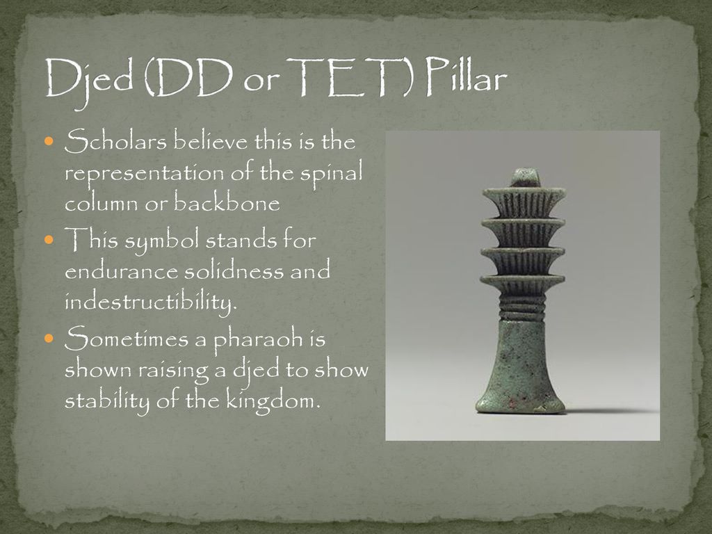 Djed (DD or TET) Pillar Scholars believe this is the representation of the spinal column or backbone.