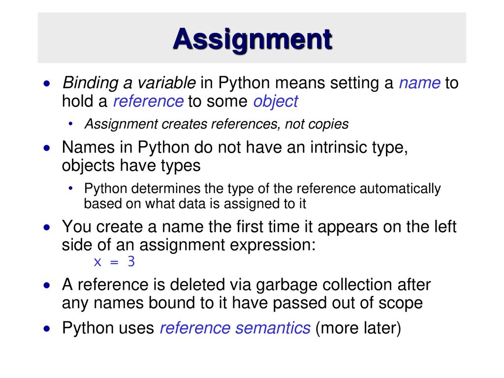 Assignment Binding a variable in Python means setting a name to hold a reference to some object. Assignment creates references, not copies.
