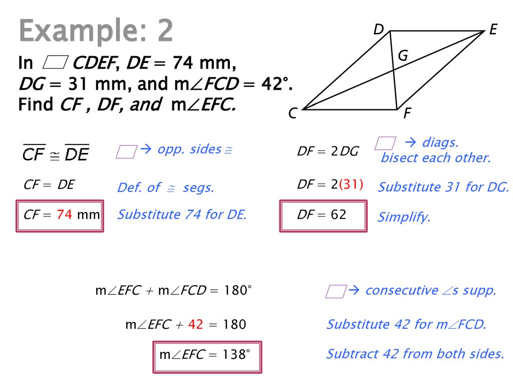 Example: 2 In CDEF, DE = 74 mm, DG = 31 mm, and mFCD = 42°.