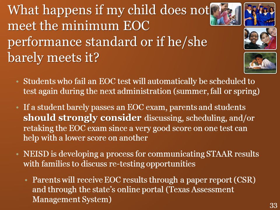 What happens if my child does not meet the minimum EOC performance standard or if he/she barely meets it