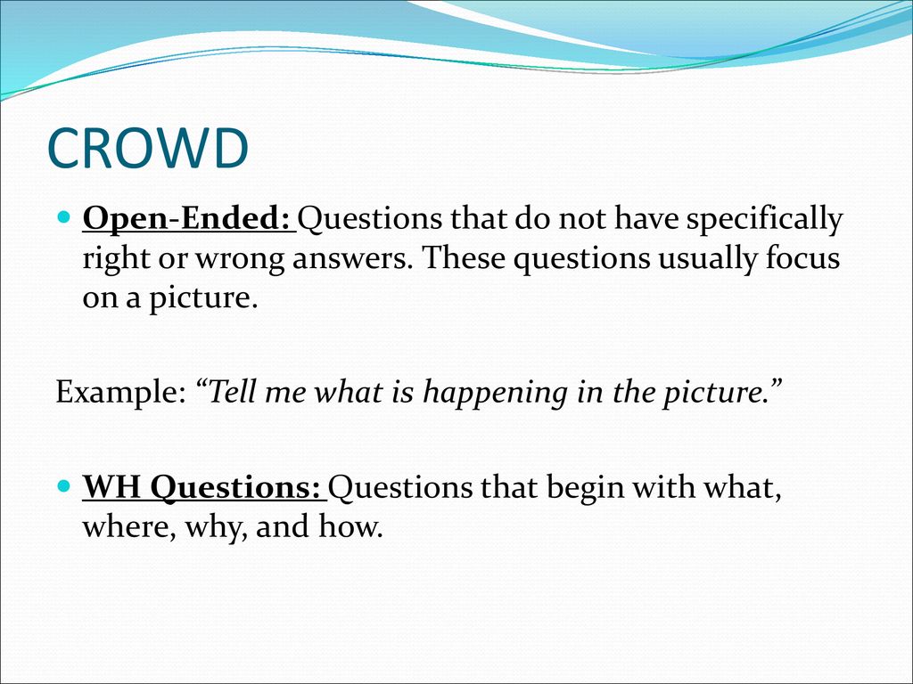 CROWD Open-Ended: Questions that do not have specifically right or wrong answers. These questions usually focus on a picture.