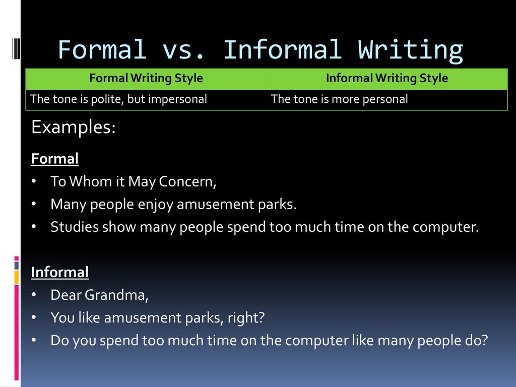 lanthan Selskab Meget sur Formal vs. Informal Writing Style - ppt download