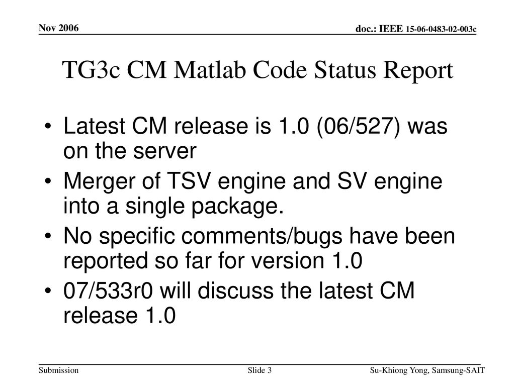 TG3c CM Matlab Code Status Report