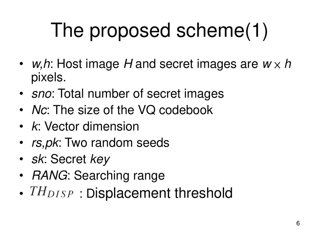 The proposed scheme(1) w,h: Host image H and secret images are w × h pixels. sno: Total number of secret images.
