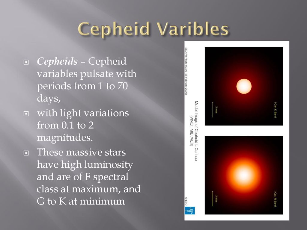 Cepheid Varibles Cepheids – Cepheid variables pulsate with periods from 1 to 70 days, with light variations from 0.1 to 2 magnitudes.