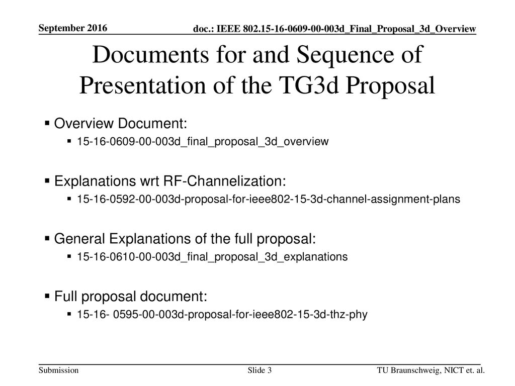 Documents for and Sequence of Presentation of the TG3d Proposal
