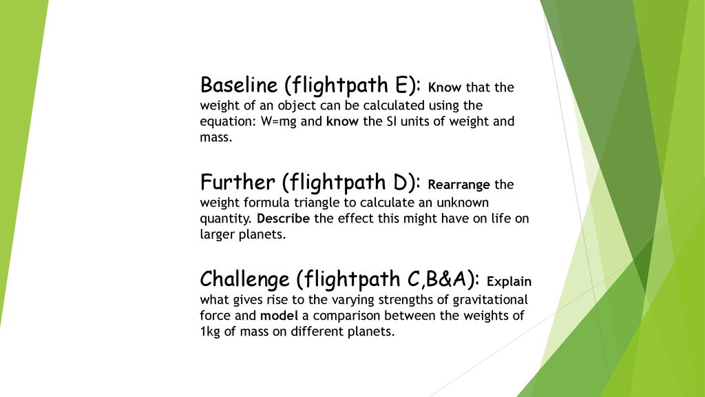 Baseline Flightpath E Know That The Weight Of An Object Can Be Calculated Using The Equation W Mg And Know The Si Units Of Weight And Mass Further Ppt Download