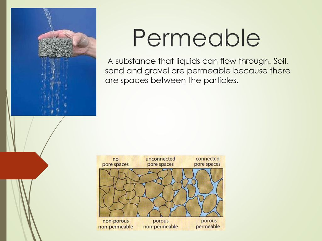 Permeable A substance that liquids can flow through.