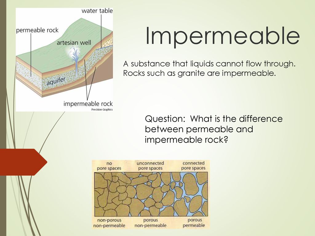 Impermeable A substance that liquids cannot flow through. Rocks such as granite are impermeable.